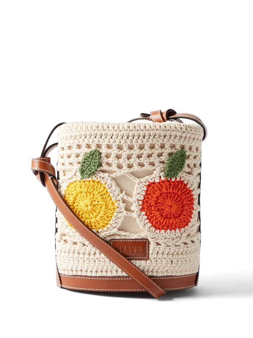 STAUD Cream Crochet Crossbody Bag with Orange & Yellow Fruit Motifs
